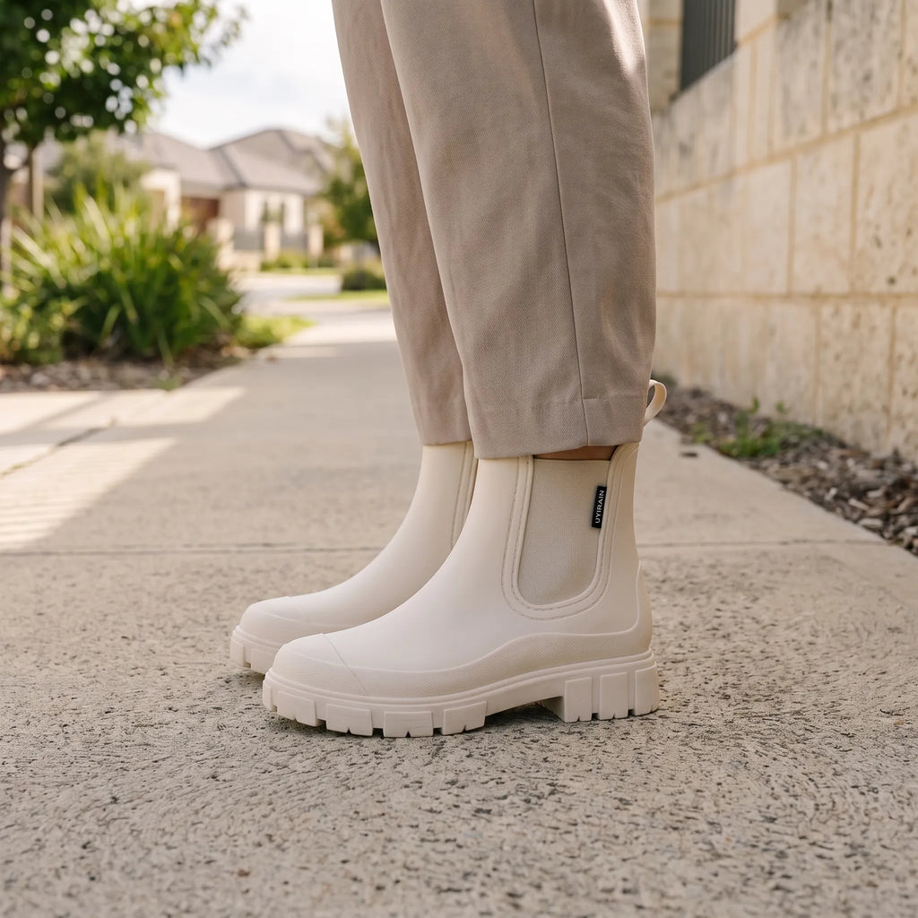 Rainstride  - Chunky Sole Ankle Wellies Navigating Wet Streets